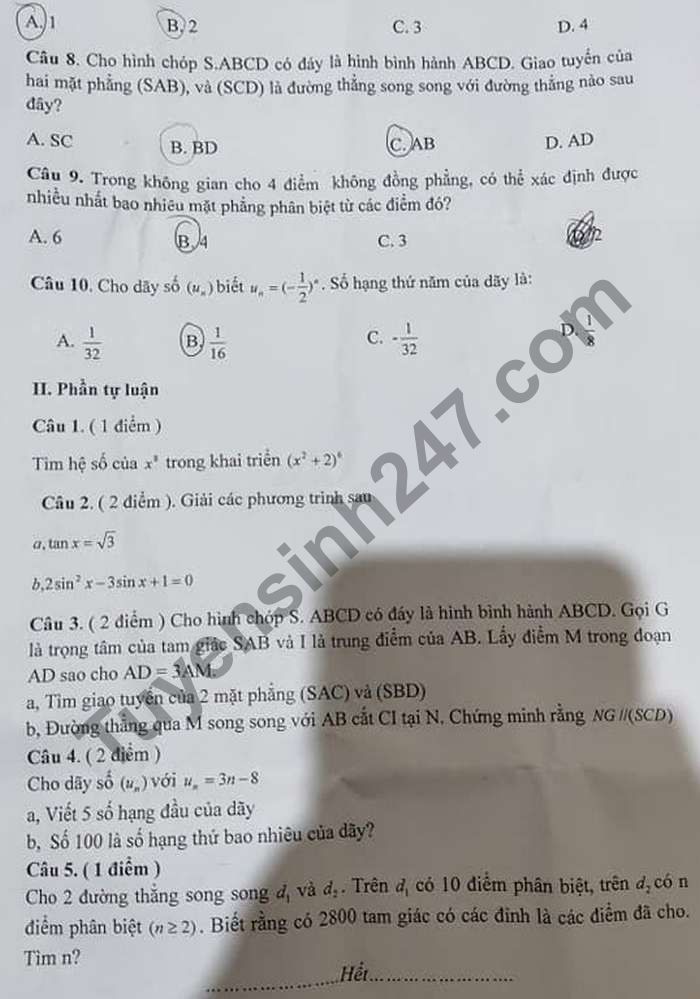 De thi hoc ki 1 nam 2020 Truong THPT Ky Son lop 11 mon Toan