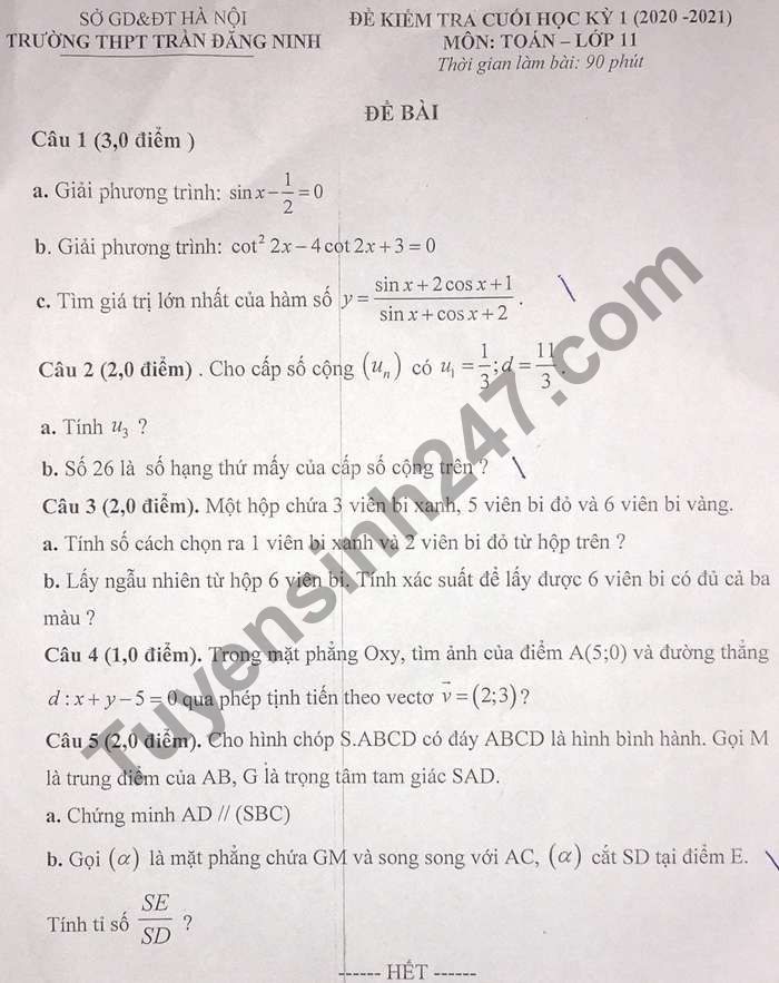 De thi hoc ki 1 mon Toan lop 11 THPT Tran Dang Ninh 2020