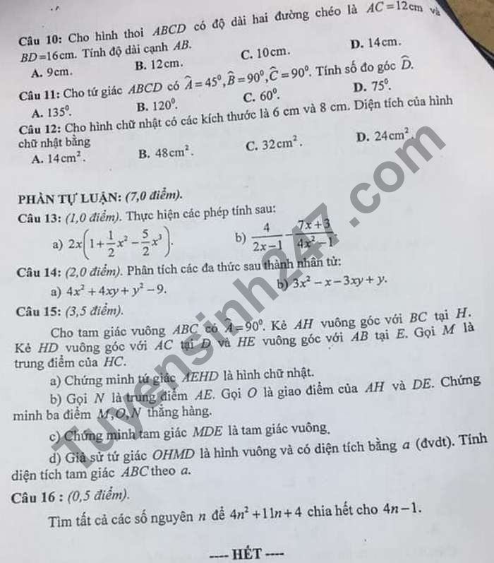 De thi hoc ki 1 nam 2020 So GD Ha Nam mon Toan lop 8