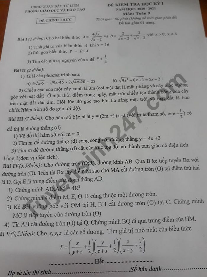 De thi hoc ki 1 mon Toan lop 9 Quan Bac Tu Liem nam 2020