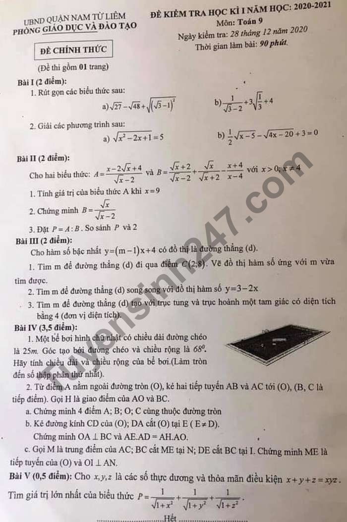 De thi hoc ki 1 nam 2020 Quan Nam Tu Liem lop 9 mon Toan