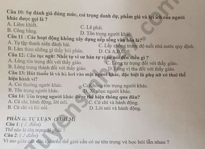 De thi hoc ki 1 nam 2020 mon GDCD lop 8 TH-THCS Yen Phu