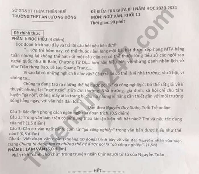 De thi hoc ki 1 lop 11 mon Van THPT An Luong Dong nam 2020