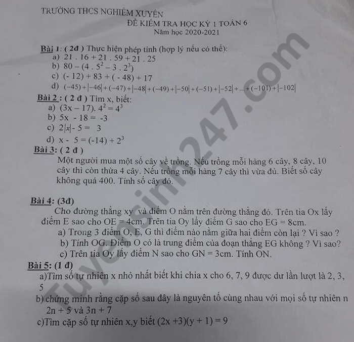 De thi hoc ki 1 THCS Nghiem Xuyen mon Toan lop 6 nam 2020
