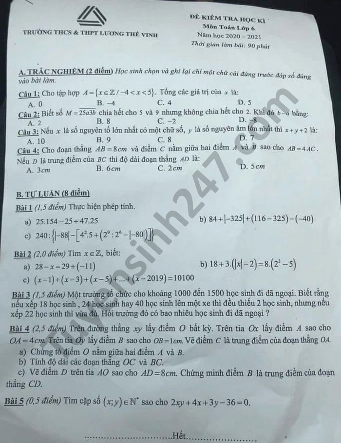 De thi hoc ki 1 nam 2020 Toan lop 6 THCS-THPT Luong The Vinh