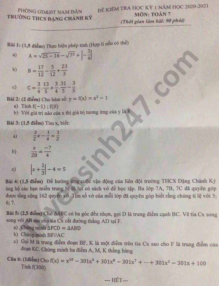 De thi hoc ki 1 nam 2020 mon Toan lop 7 THCS Dang Chanh Ky