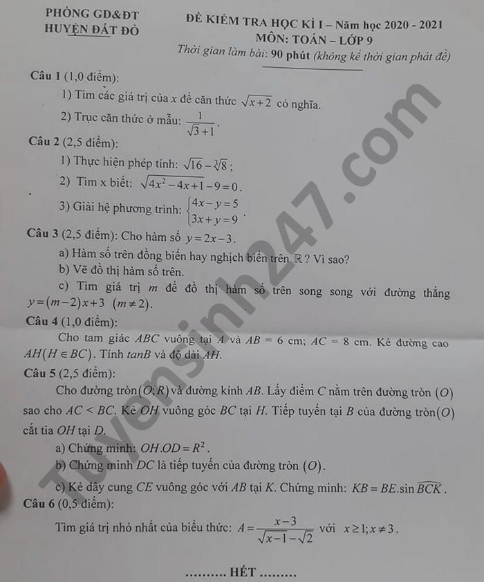 De thi hoc ki 1 Phong GD huyen Dat Do Toan lop 9 nam 2020