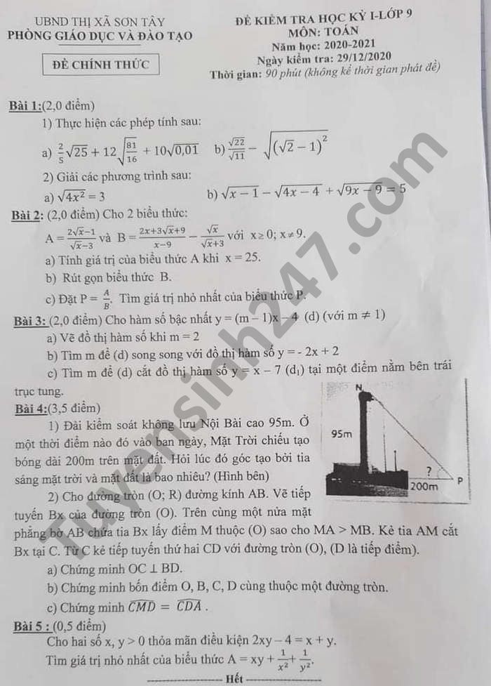 De thi hoc ki 1 Toan lop 9 nam 2020 Phong GD TX Son Tay