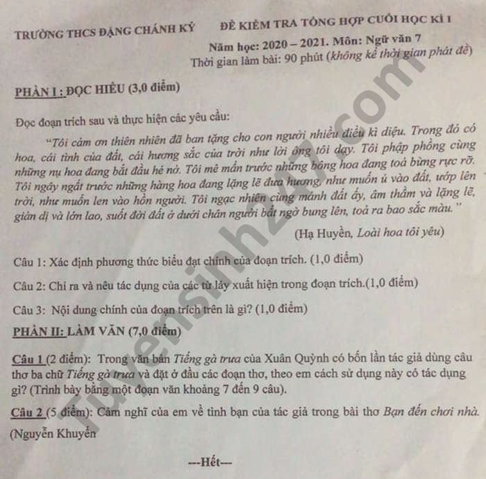 De thi hoc ki 1 nam 2020 THCS Dang Chanh Ky mon Van lop 7
