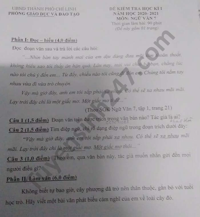 De thi hoc ki 1 nam 2020 Phong GD TP Chi Linh mon Van lop 7