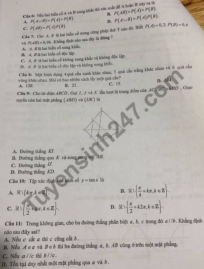 De thi hoc ki 1 mon Toan lop 11 Truong THPT Tran Phu nam 2020