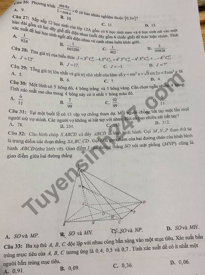 De thi hoc ki 1 mon Toan lop 11 Truong THPT Tran Phu nam 2020