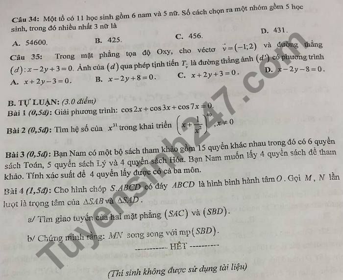 De thi hoc ki 1 mon Toan lop 11 Truong THPT Tran Phu nam 2020
