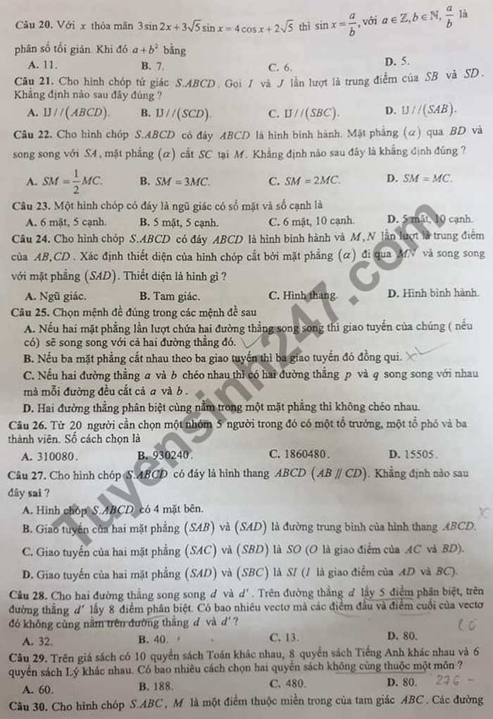 De thi hoc ki 1 mon Toan lop 11 THPT Viet Nam-Ba Lan 2020