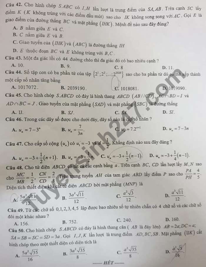 De thi hoc ki 1 mon Toan lop 11 THPT Viet Nam-Ba Lan 2020