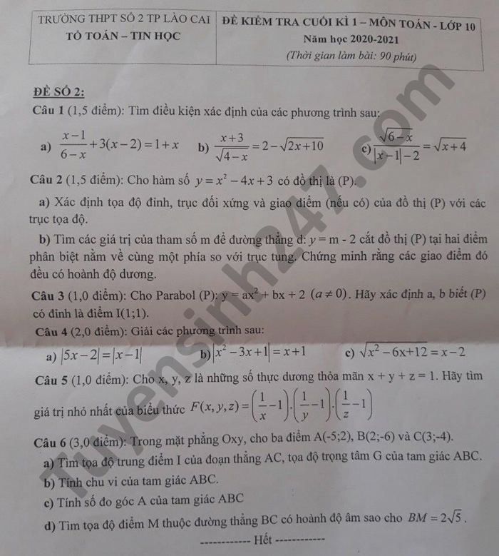De thi hoc ki 1 mon Toan lop 10 THPT so 2 Lao Cai nam 2020