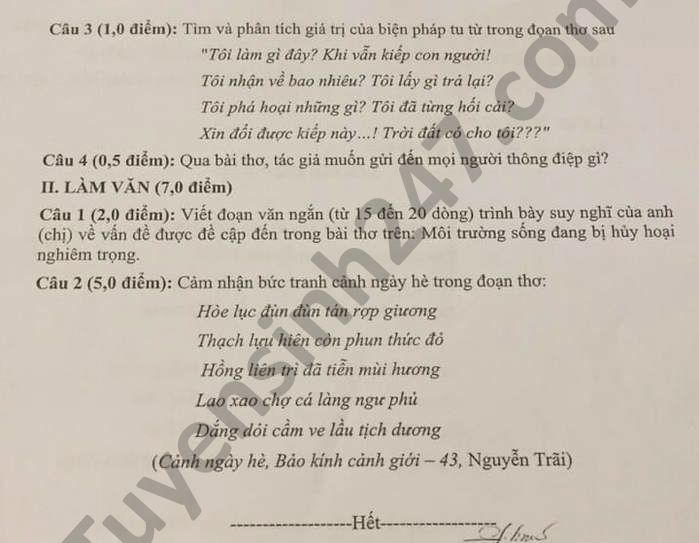De thi hoc ki 1 Van lop 10 THPT Son Duong nam 2020
