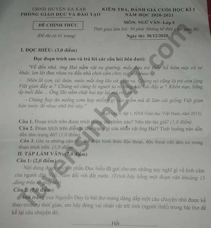 De thi hoc ki 1 huyen Ea Kar nam 2020 Van lop 9