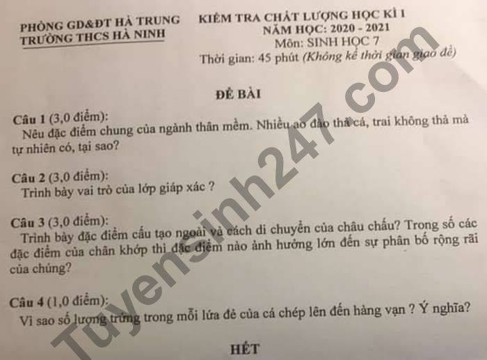 De thi hoc ki 1 THCS Ha Ninh mon Sinh lop 7 nam 2020