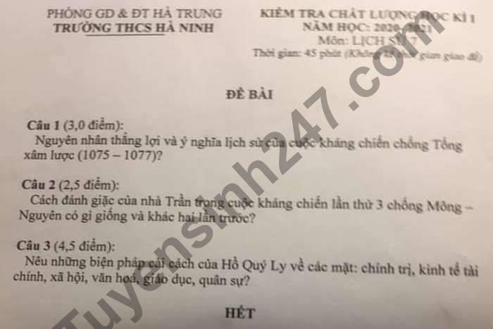 De thi hoc ki 1 nam 2020 mon Su lop 7 THCS Ha Ninh