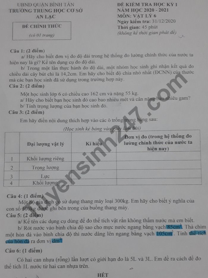 De thi hoc ki 1 mon Ly lop 6 Truong THCS An Lac 2020 - 2021