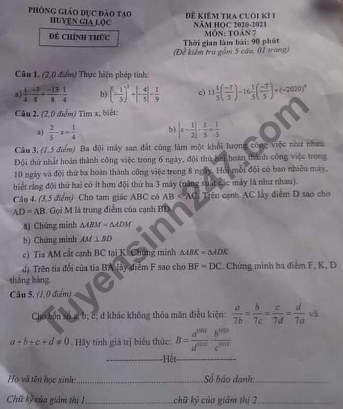 De thi hoc ki 1 lop 7 mon Toan nam 2020 Phong GD huyen Gia Loc