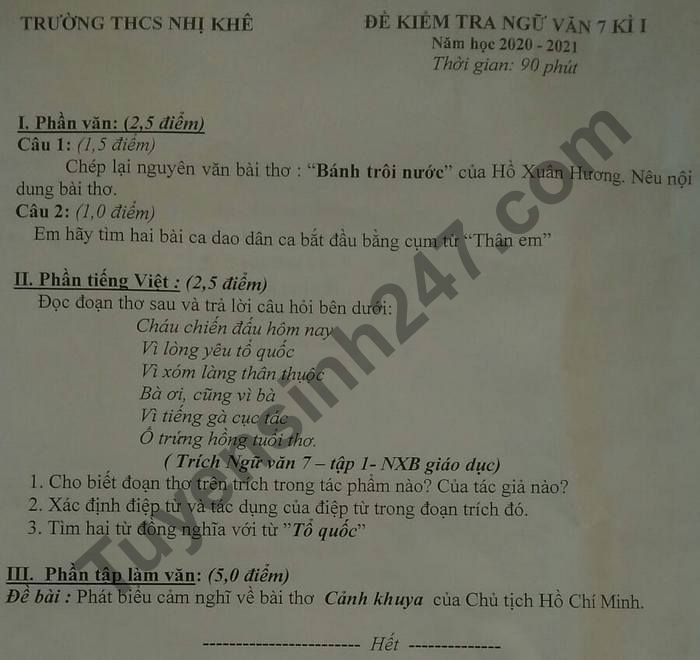 De thi hoc ki 1 mon Van lop 7 Truong THCS Nhi Khe nam 2020