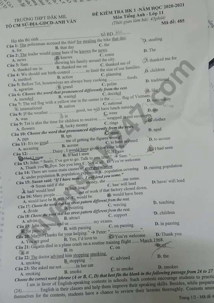 De thi hoc ki 1 mon Anh lop 11 THPT Dak Mil nam 2020