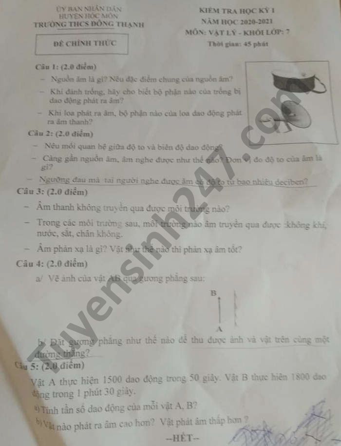 De thi hoc ki 1 THCS Dong Thanh mon Ly lop 7 nam 2020