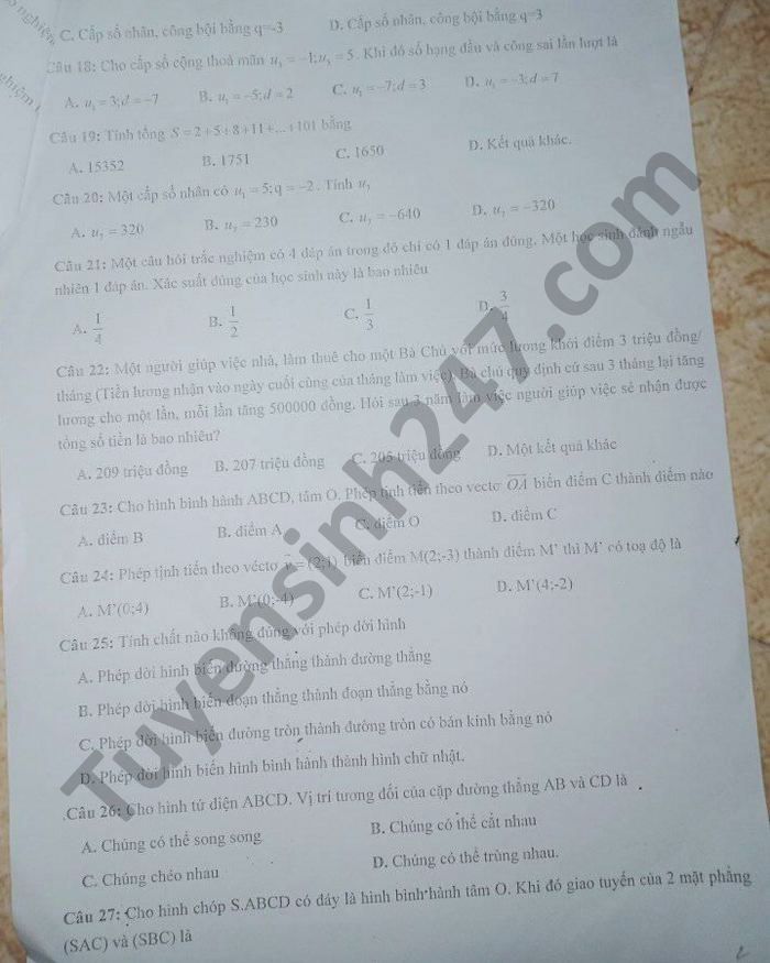 De thi hoc ki 1 nam 2020 THPT Ly Chinh Thang mon Toan lop 11