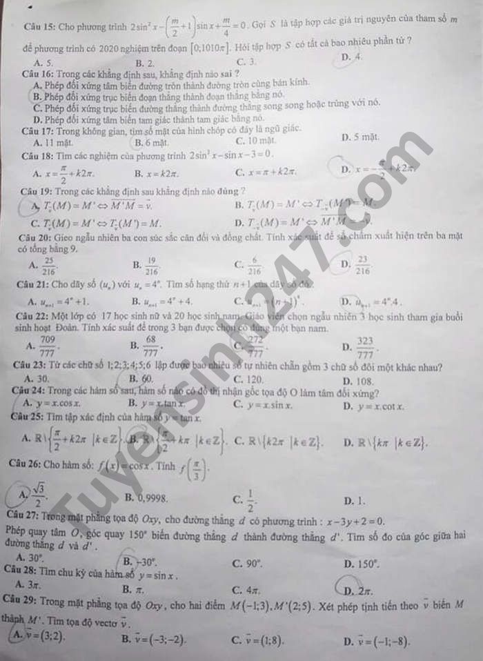 De thi hoc ki 1 nam 2020 THPT Hai Ba Trung mon Toan lop 11