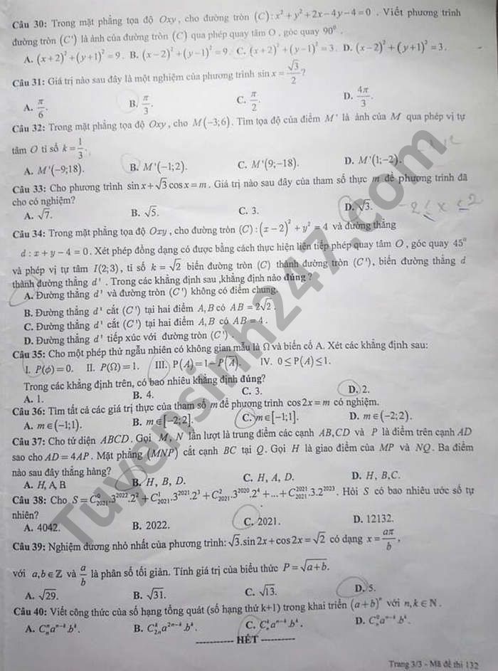 De thi hoc ki 1 nam 2020 THPT Hai Ba Trung mon Toan lop 11