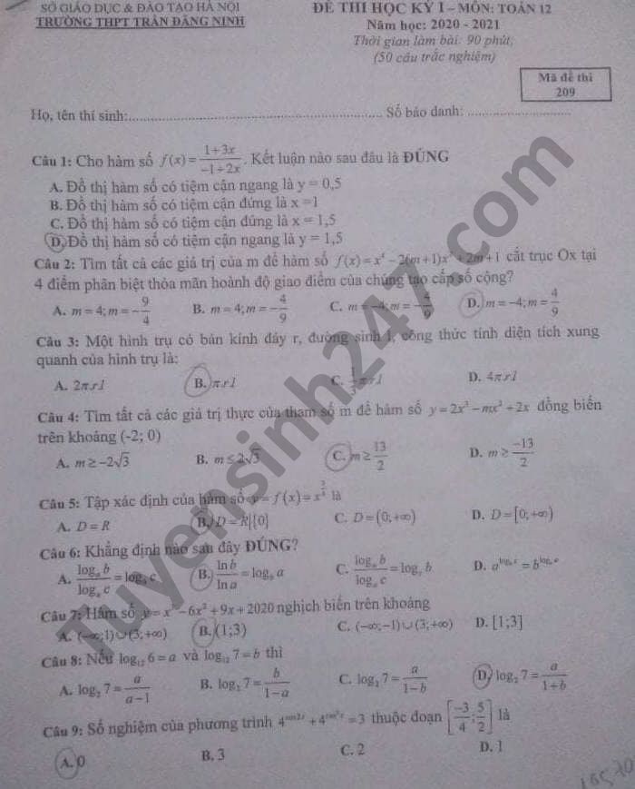 De thi hoc ki 1 Toan lop 12 nam 2020 THPT Tran Dang Ninh