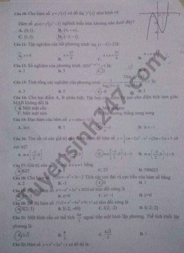 De thi hoc ki 1 Toan lop 12 nam 2020 THPT Tran Dang Ninh