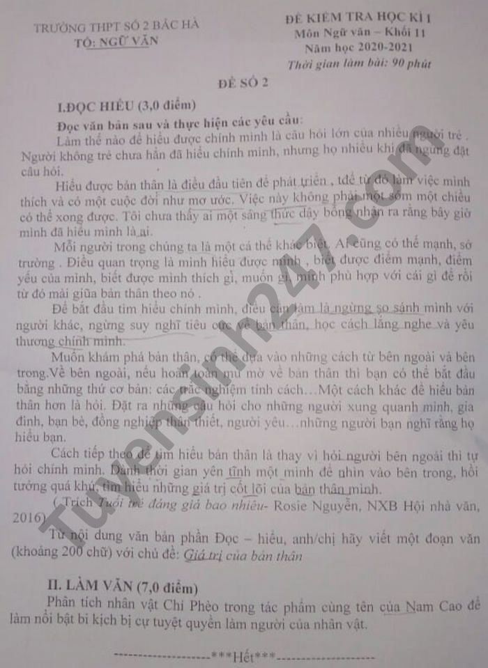 De thi hoc ki 1 mon Van lop 11 THPT So 2 Bac Ha nam 2020