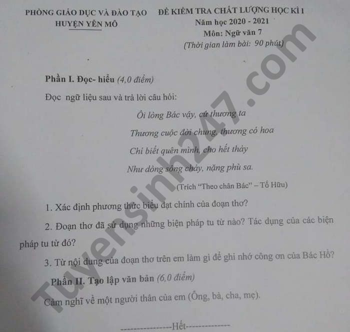 De thi hoc ki 1 nam 2020 mon Van lop 7 Phong GD huyen Yen Mo
