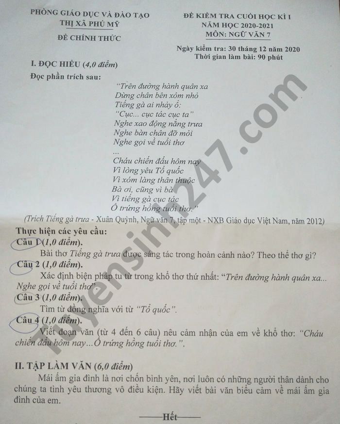 De thi hoc ki 1 mon Van lop 7 Phong GD Thi xa Phu My 2020