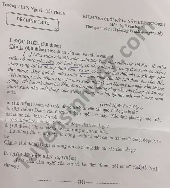 De thi hoc ki 1 mon Van lop 7 nam 2020 THCS Nguyen Tat Thanh