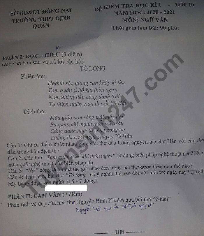 De thi hoc ki 1 mon Van lop 10 THPT Dinh Quan nam 2020
