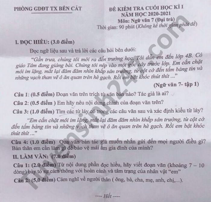 De thi hoc ki 1 Phong GD TX Ben Cat mon Van lop 7 nam 2020