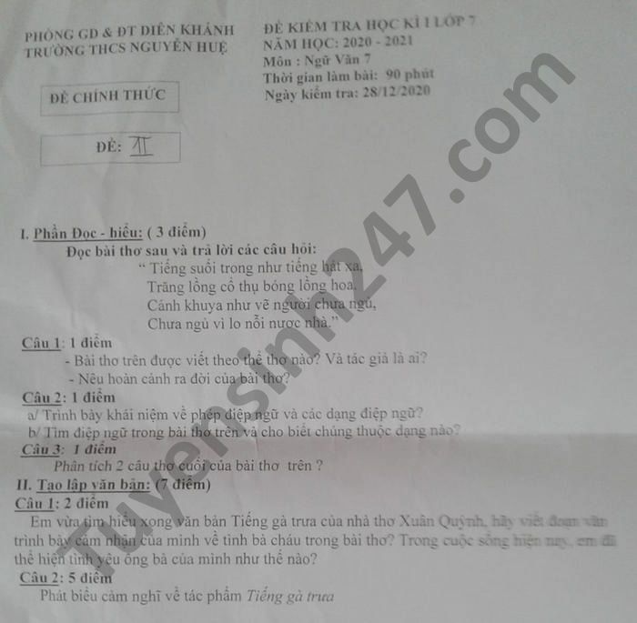 De thi hoc ki 1 nam 2020 THCS Nguyen Hue mon Van lop 7