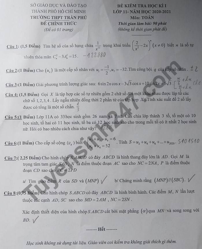 De thi hoc ki 1 lop 11 mon Toan THPT Tran Phu 2020 - 2021