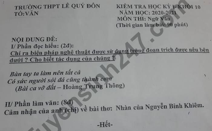De thi hoc ki 1 lop 10 mon Van THPT Le Quy Don nam 2020