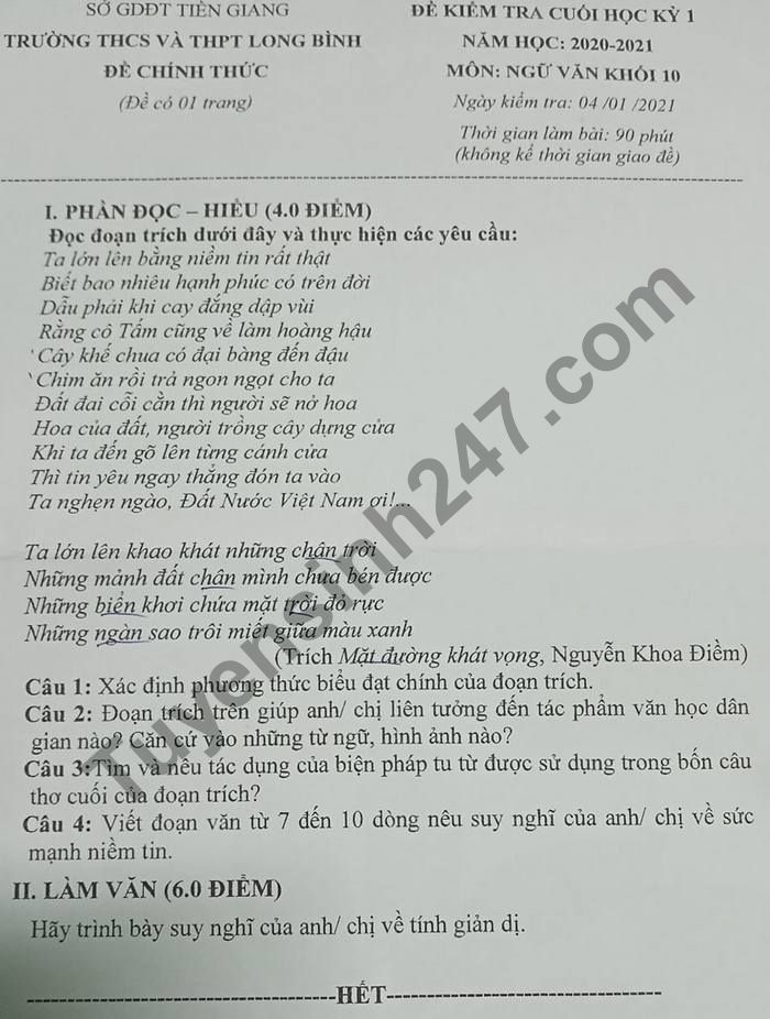 De thi hoc ki 1 nam 2020 lop 10 mon Van THCS&THPT Long Binh