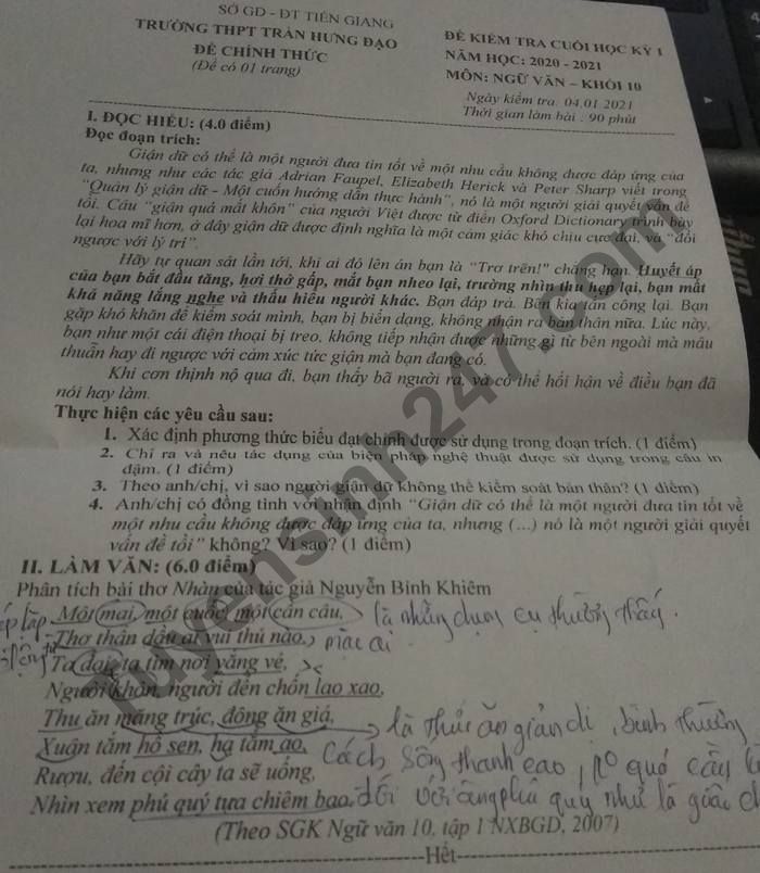 De thi hoc ki 1 nam 2020 THPT Tran Hung Dao lop 10 mon Van