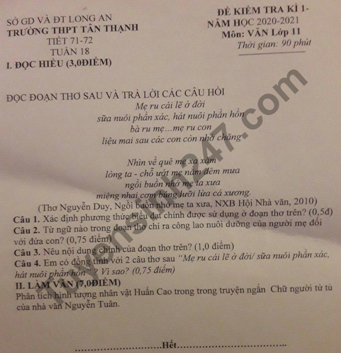 De thi hoc ki 1 nam 2020 lop 11 mon Van THPT Tan Thanh
