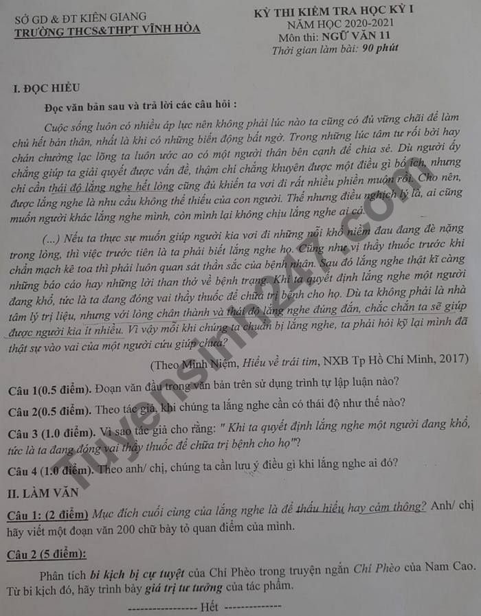 De thi hoc ki 1 mon Van lop 11 THCS&THPT Vinh Hoa 2020 - 2021