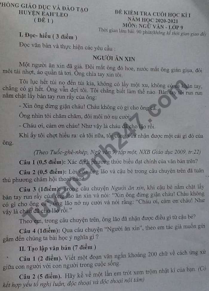 De thi hoc ki 1 lop 9 mon Van nam 2020 Phong GD huyen Eah\'leo
