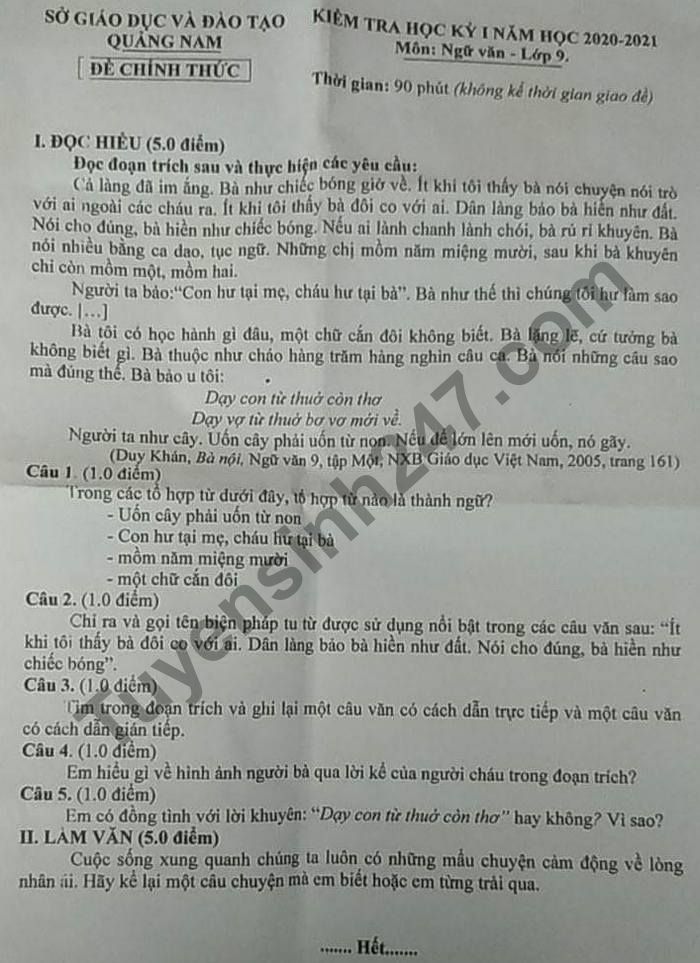 De thi hoc ki 1 mon Van lop 9 So GD Quang Nam 2020 - 2021