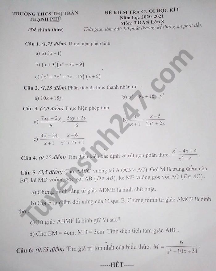 De thi hoc ki 1 THCS TT Thanh Phu mon Toan lop 8 nam 2020